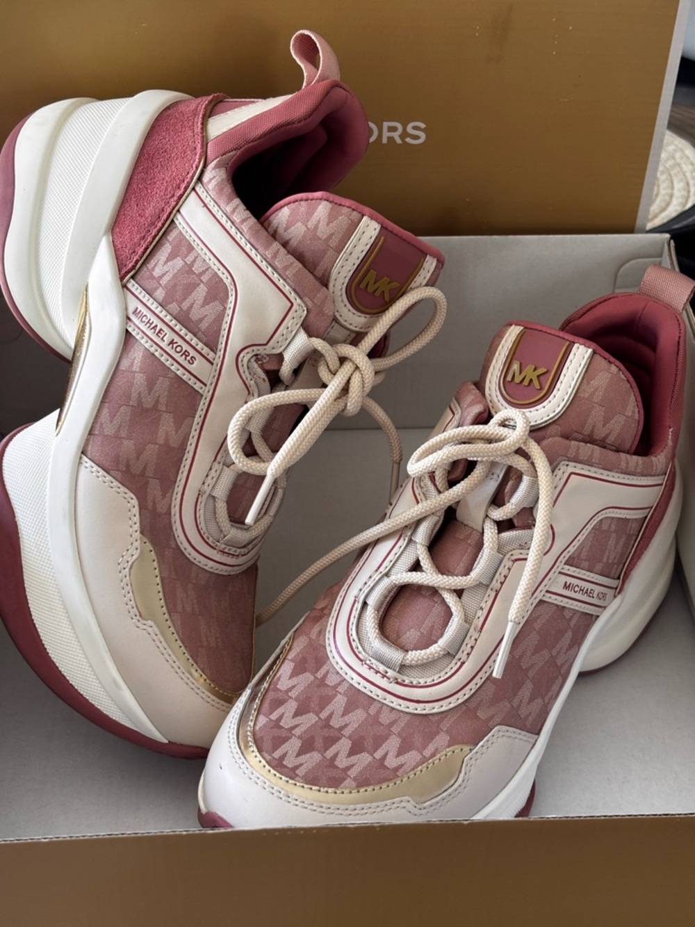 Michael Kors Blush Pink and Gold Olympia Trainer Platform Sneakers - Picture 7 of 8
